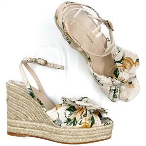 Loeffler Randal‎ Peri Espadrilles Wedges Cream Floral Bow Sandals Sz 39 / 9